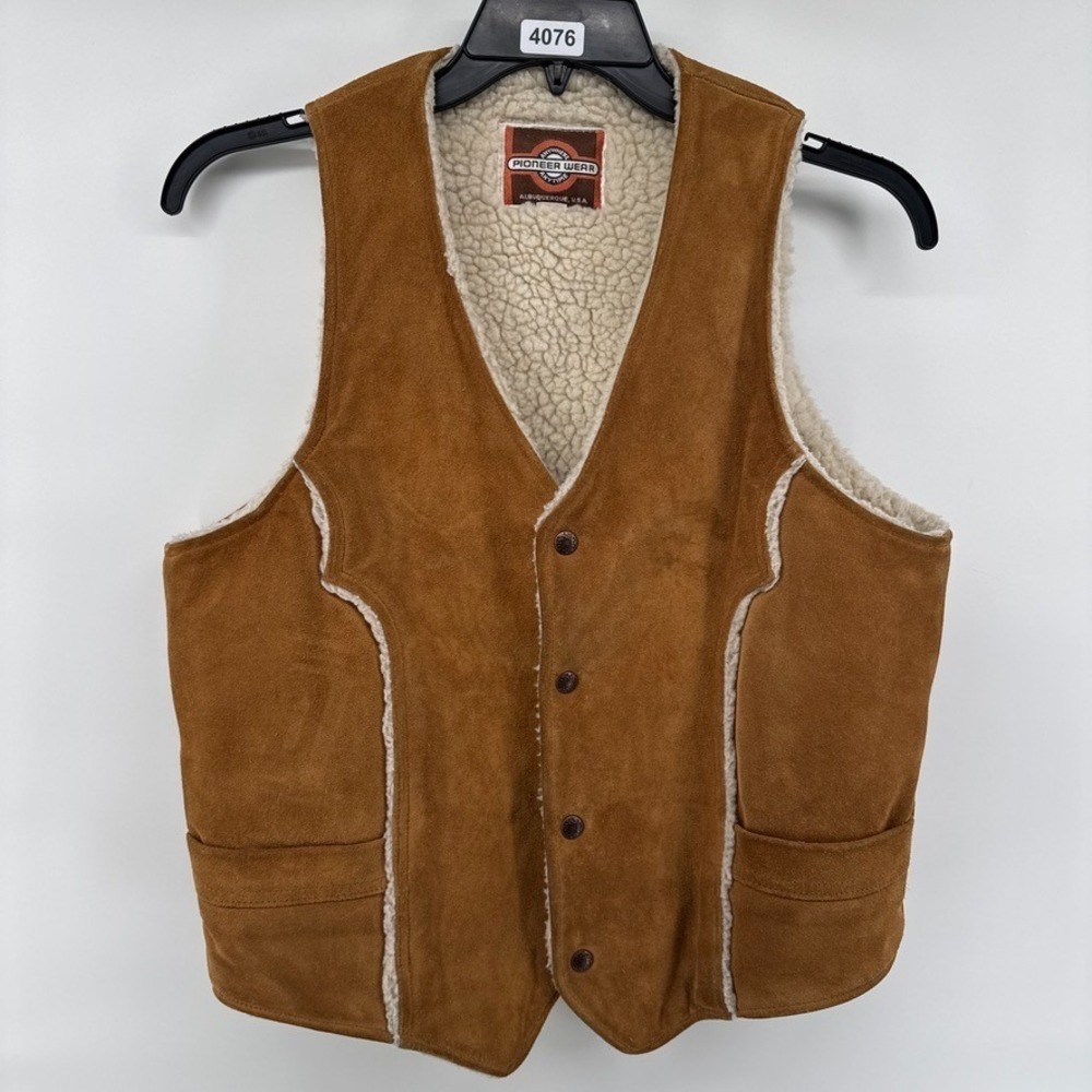 VTG Suede Pioneer Wear Vest Mens Medium Brown Leather Sherpa Lined Western